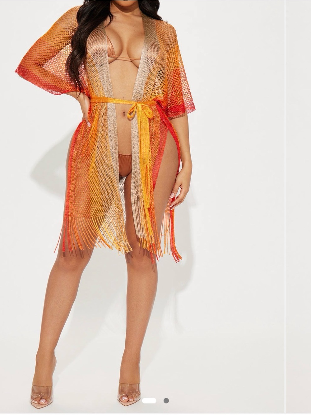 Fashion Nova Orange and Gold Ombre Mesh Fringe Kimono Cover-Up